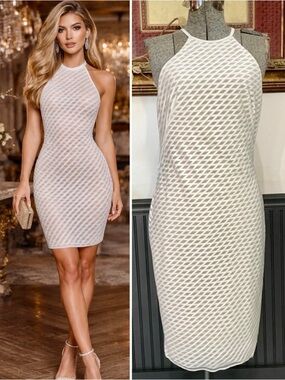 Bailey 44 White Sheer Grid Halter Cocktail Dress Nude Lined Size 8 💚🎀
